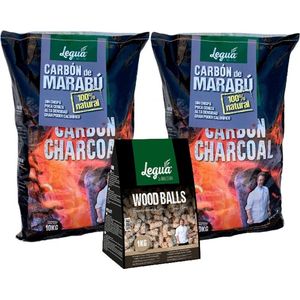 Legua Voordeelpakket 2 zakken a 10kg Marabu houtskool en 1 zak a 1kg Aanmaakwokkels.