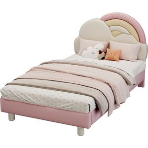 Merax 90x200cm Kinderbed - Regenboogwolk Bed - Eenpersoonsbed met PU-Bekleding en Houten Lattenbodem - Roze