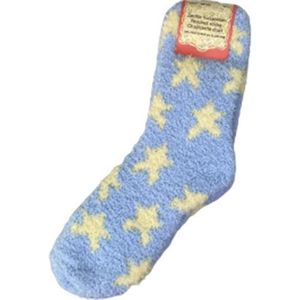Super Soft huissokken STER - Warme fluffy sokken - Lichtblauw / Geel - Maat 39 - 40 - 2 paar