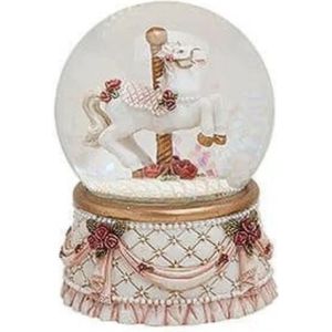 Wurm - Sneeuwbol - Snow Globe - Hobbelpaard - Hoofd omhoog - Draaimolen - Kerstcadeaus - Kerstdecoratie - Wit/goud/roze - Polyresin - Glas - Ø 6 cm x 9 cm