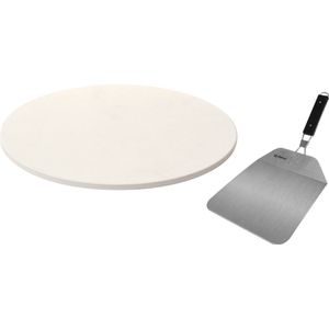 BBQ/oven pizzasteen rond keramiek 33 cm met handvaten incl. pizzasnijder - Met inklapbare RVS pizzaschep 25 cm - Pizza stone