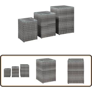 vidaXL Bijzettafelset - 3-delig - Poly Rattan - Grijs Bijzet Tafels - Salontafel - Teakhouten Meubelen - Tuinmeubilair - Buitentafel