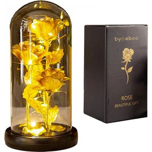 Liefdes Cadeau Rozen - Eeuwige Roos - 3x Gouden Roos in glas stolp met LED Verlichting - Romantisch Cadeau voor vrouw, vriendin, haar, moeder, mama - Verjaardag - Huwelijk - Kerst - Kunstbloemen