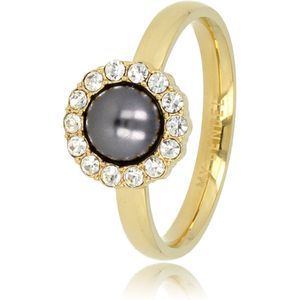 My Bendel - Ring goud met zirkonia steentjes en zwarte parel - Gouden ring met een ronde zwarte parel versierd met zirkonia steentjes - Met luxe cadeauverpakking