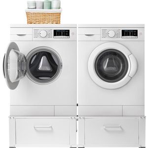 Vonia Wasmachine verhoger - Dubbel - Wasmachine en Droger Verhoger - Wasmachine Verhoger met Lade - Wasmachine Kast - Wasmachine ombouw - Wit