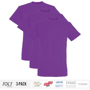 3 Pack Sol's Jongens/Meisjes T-Shirt 100% biologisch katoen Ronde hals Paars Maat 118/128 (7/8 Jaar)