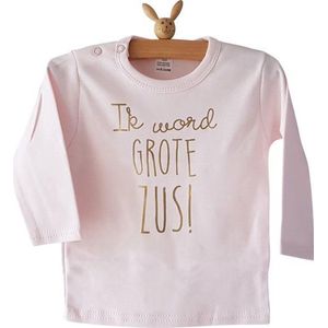 Shirt Ik word grote zus |  lange mouw | roze met goud | maat 104  zwangerschap aankondiging bekendmaking Baby big sis sister