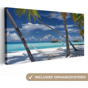 Canvas Strand - Palmboom - Zee - Eiland - Hangmat - 40x20 cm - Muurdecoratie