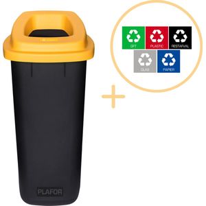 Plafor Sort Bin, Prullenbak voor afvalscheiding - 90L – Zwart/Geel - Inclusief 5-delige Stickerset - Afvalbak voor gemakkelijk Afval Scheiden en Recycling - Afvalemmer - Vuilnisbak voor Huishouden, Keuken en Kantoor - Afvalbakken - Recyclen