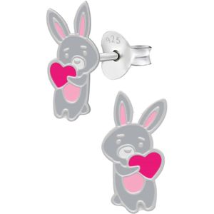 Oorbellen meisje | Zilveren kinderoorbellen | Zilveren oorstekers, grijs konijn met roze hart
