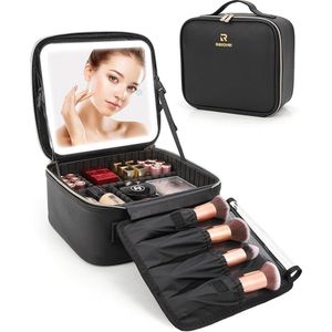 FURNIBELLA-Relavel Make-uptas voor op Reis – Waterdichte Beautycase met Verlichte Spiegel en 3 Gekleurde Spiegels, Zwart