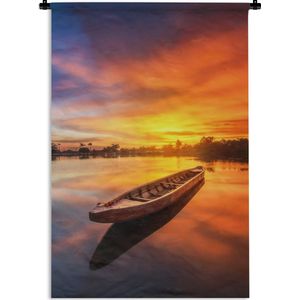 Wandkleed - Wanddoek - Boot - Water - Zonsondergang - Oranje - Water - 90x135 cm - Wandtapijt
