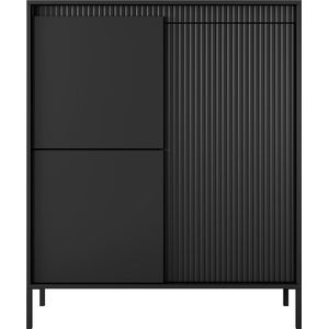 Hoge ladekast - 3 deuren - Metalen poten - Ruime planken - Zwarte kleur - 104 cm