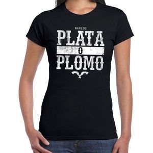 Narcos plata o plomo tekst t-shirt zwart voor dames - Gangster zilver of lood tekst shirt S