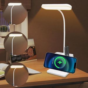 3-kleurige dimbare LED tafellamp met USB-aansluiting en penhouder voor kinderen - draadloos oplaadbaar voor werk, kantoor, slaapkamer en woonkamer .