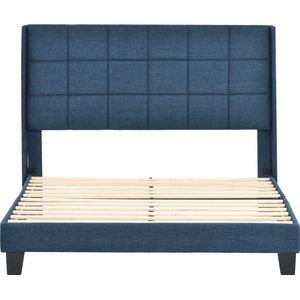 Merax Modern Tweepersoonsbed 140x200 cm - Bed met Gestoffeerd Hoofdbord - Blauw Linnen Stof