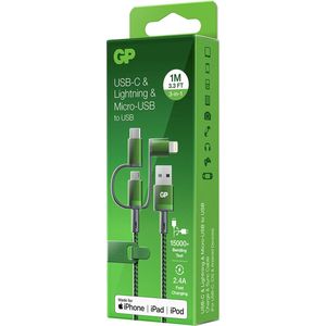 GP Batteries USB-laadkabel USB-A stekker, USB-micro-B stekker, Apple Lightning stekker, USB-C stekker 1 m Groen