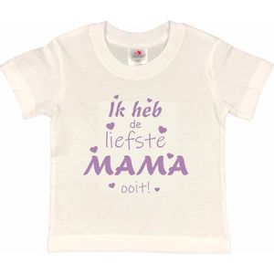 T-shirt Kinderen ""Ik heb de liefste mama ooit!"" Moederdag | korte mouw | Wit/lila | maat 110/116