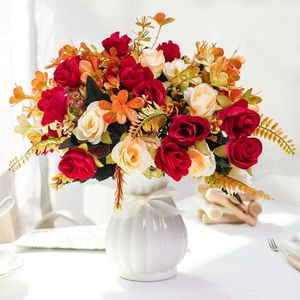 Kunstbloemen met vaas, zijden kunstrozen, bruiloftsbloemenboeketten voor thuis, kantoor, feest en vergaderruimte decoratie (Rood-1)