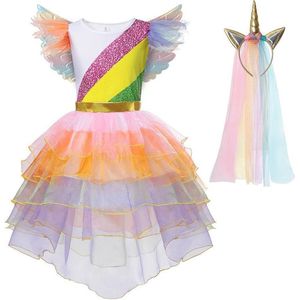 Unicorn jurk incl. vleugels en haarband (3-delig) - Eenhoorn - Prinsessenjurk - Verkleedkleding - Feestjurk - Sprookjesjurk - Regenboog - Maat 98/104 (2/3 jaar)