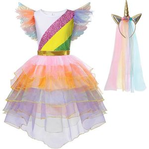 Unicorn jurk incl. vleugels en haarband (3-delig) - Eenhoorn -  Prinsessenjurk - Verkleedkleding - Regenboog - Maat 98/104 (2/3 jaar)