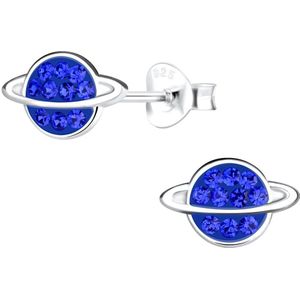 Joy|S - Zilveren planeet oorbellen - saturnus - 10 x 6 mm - kristal blauw