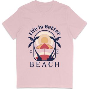T Shirt Heren Dames - Zomer Ontwerp: Life Is Better At The Beach - Roze - S