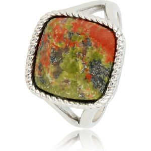 My Bendel Zegelring zilverkleurig met Unakite edelsteen - Ring zilverkleurig met Unakite edelsteen - Met luxe cadeauverpakking