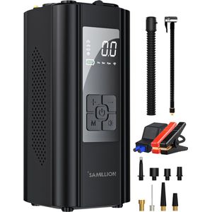 Samillion 10-in-1 Draagbare Compressor Bandenpomp - Luchtcompressor - Compressor - Oplaadbaar - Fiets Tot Auto - Elektrische Fietspomp - Zaklamp, Powerbank & Jumpstart functie - Inclusief 9 opzetstukken - 10.000 mAh Batterij