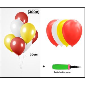 300x Luxe Ballon rood/wit/geel 30cm + dubbel actie pomp - biologisch afbreekbaar - Carnaval Festival feest party verjaardag landen helium lucht thema