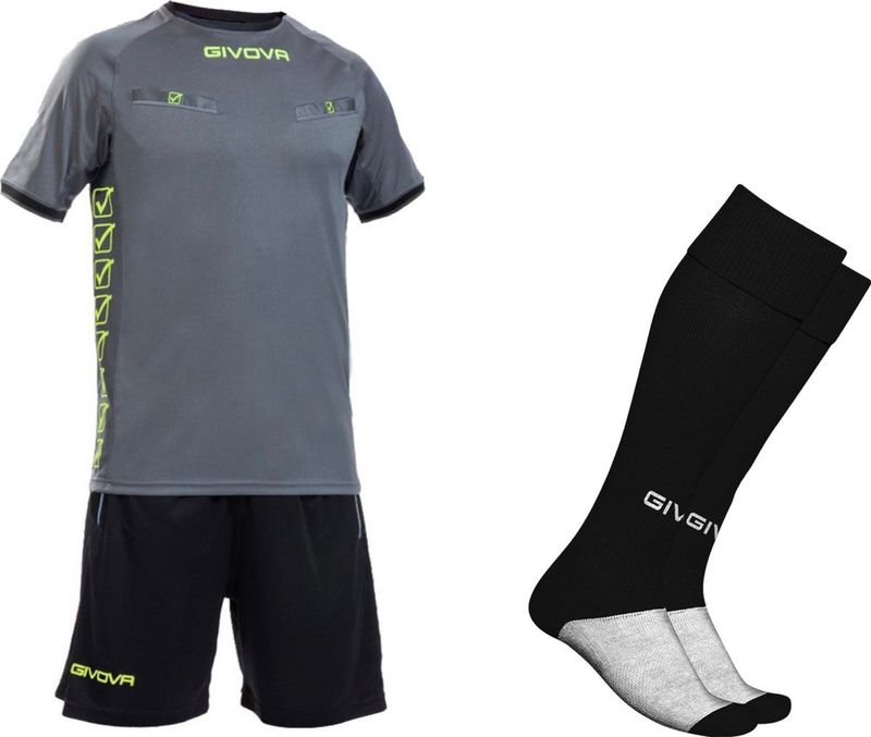 Scheidsrechters tenue compleet met sokken, Givova KIT FLAG, Grijs/Zwart/Fluo Geel, maat S