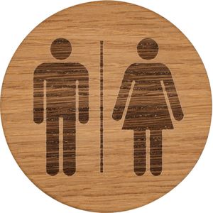 Wc bordje – Man en Vrouw – Rond – Hout – 10 x 10 cm – Toilet bordje – Deurbord – Zelfklevend