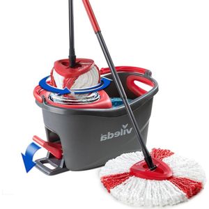 Easy Wring & Clean Turbo mop met pedaalemmer - Telescopische steel 85-130 cm - Franjemop met centrifugepers - Microvezelfranjes - 2in1 Mop en pedaalemmer - Grijs