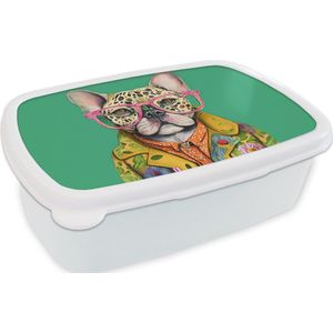 Broodtrommel Wit - Lunchbox - Brooddoos - Bulldog - Bril - Design - Hond - Dieren - 18x12x6 cm - Volwassenen