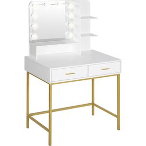 Kaptafel - Toilettafel - Met Spiegel en Verlichting - Make-up Tafel - 90x45x137 Cm - Hollywood - Wit