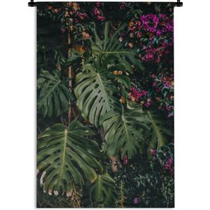Wandkleed Diep in de jungle - Monstera (gatenplant) achtergrond Wandkleed katoen 90x135 cm - Wandtapijt met foto