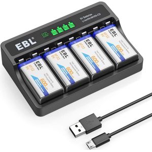 Acculader voor 9V Batterijen met LCD Scherm - Inclusief 4 Oplaadbare 600mAh Batterijen