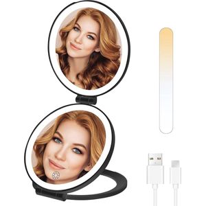 Draagbare Make-upspiegel met LED-verlichting en Vergroting - Touchscreen, USB-oplaadbaar, 3 Kleurinstellingen, Inklapbare Design