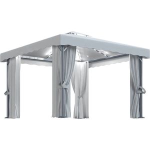 vidaXL-Prieel-met-gordijn-en-LED-lichtslinger-3x3-m-crèmewit