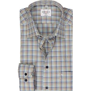 MARVELIS modern fit overhemd - twill - blauw - groen - wit en bruin geruit - Strijkvrij - Boordmaat: 45