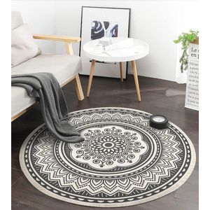 120 cm rond tapijt, katoenen tapijt met kwastjes, wasbaar, mandala, zwart, wit, bedrukt tapijt, Bohemian Marokko, modern tapijt voor slaapkamer, woonkamer, keuken