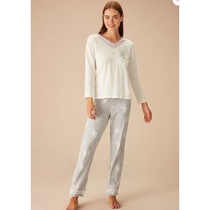 Suwen- Dames Pyjama Set -Homewear - Satijn -Grijs/Wit Maat M