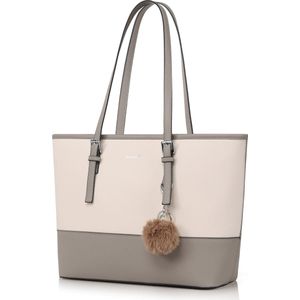 TAN.TOMI Dames Handtassen, Dames Tas Shopper met rits - Handtas - Schooltas- grijs/beige