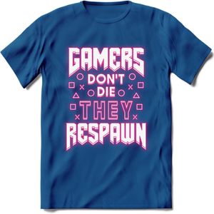 Gamers don't die T-shirt | Neon Roze | Gaming kleding | Grappig game verjaardag cadeau shirt Heren – Dames – Unisex | - Donker Blauw - 3XL