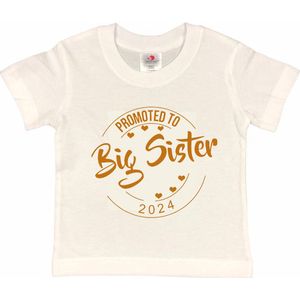 Shirt Aankondiging zwangerschap Promoted to Big Sister 2024 | korte mouw | wit/tan | maat 86/92 zwangerschap aankondiging bekendmaking Baby big sis sister Grote Zus