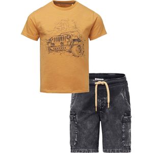 Noppies - Bio kledingset - 2delig - broek Glan - Ebony - shirt Gilbert met print - Amber Gold - Maat 98