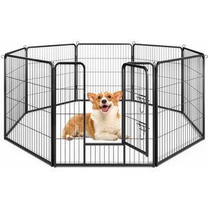 COSTWAY Puppyren 80 cm hoog, 8-delige opvouwbare buitenren, puppyren met afsluitbare deur, box voor honden, katten, konijnen, metalen hondenren, zwart