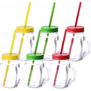 12x stuks Glazen Mason Jar drinkbekers met dop en rietje 500 ml - 4x geel/4x groen/4x rood - afsluitbaar/niet lekken/fruit shakes