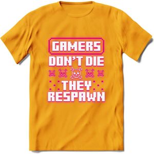 Gamers don't die pixel T-shirt | Neon Roze | Gaming kleding | Grappig game verjaardag cadeau shirt Heren – Dames – Unisex | - Geel - XL