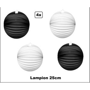 4x Lampion Zwart/wit 25cm - festival thema feest verjaardag party papier BBQ strand licht fun